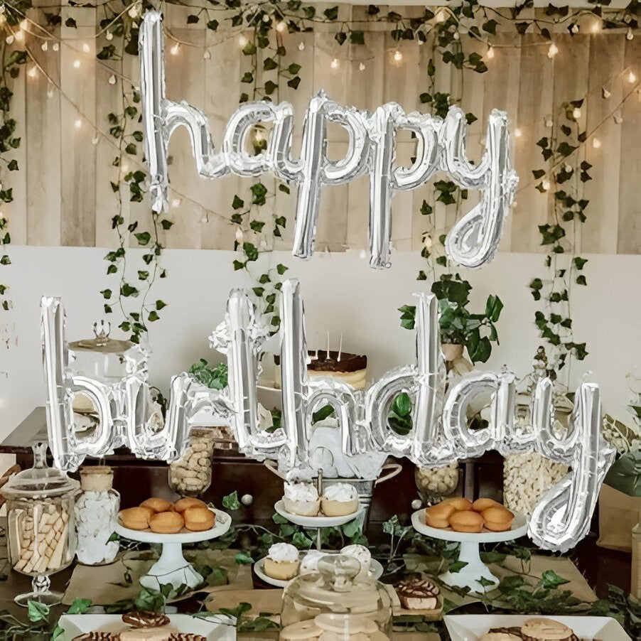 Set Baloane Party Happy Birthday, Baloane din Folie Metalizată pentru Aniversări, Umflare Aer sau Heliu, Pai Inclus, Argintiu, 2 Bucăți, 45x85 cm și 45x124 cm