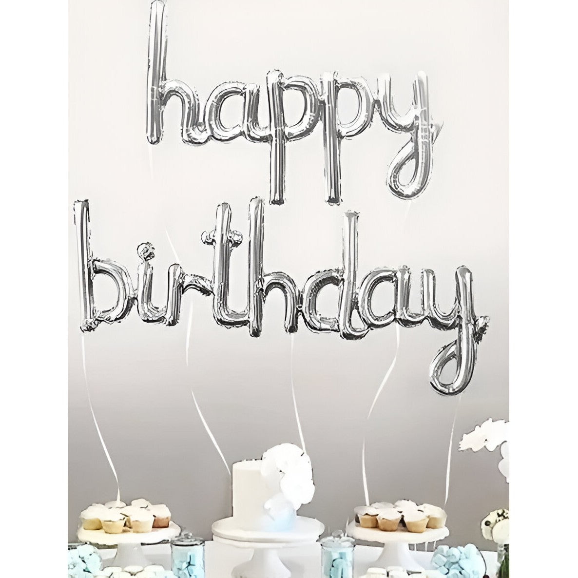 Set Baloane Party Happy Birthday, Baloane din Folie Metalizată pentru Aniversări, Umflare Aer sau Heliu, Pai Inclus, Argintiu, 2 Bucăți, 45x85 cm și 45x124 cm