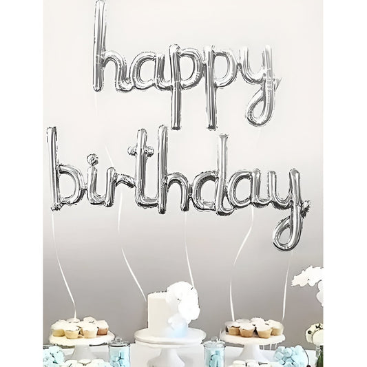 Set Baloane Party Happy Birthday, Baloane din Folie Metalizată pentru Aniversări, Umflare Aer sau Heliu, Pai Inclus, Argintiu, 2 Bucăți, 45x85 cm și 45x124 cm