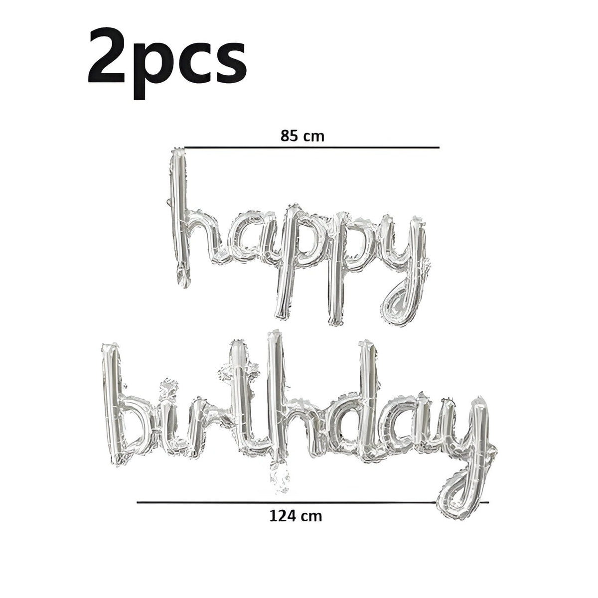 Set Baloane Party Happy Birthday, Baloane din Folie Metalizată pentru Aniversări, Umflare Aer sau Heliu, Pai Inclus, Argintiu, 2 Bucăți, 45x85 cm și 45x124 cm