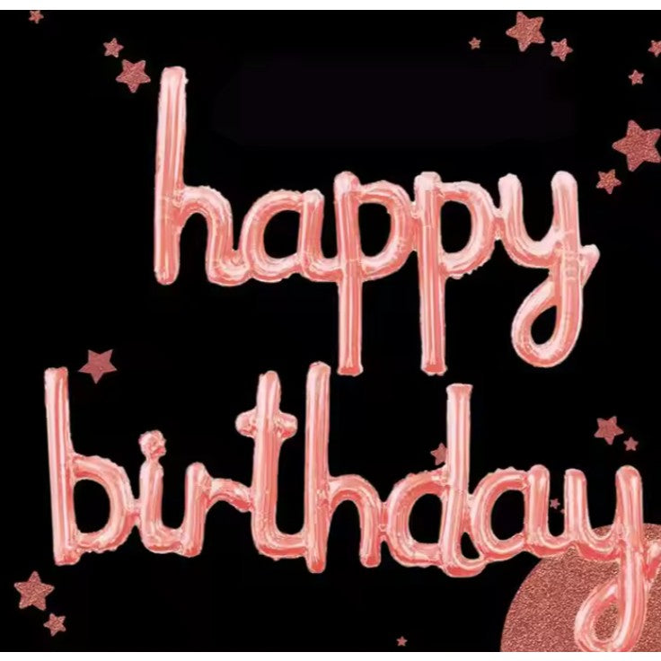 Set Baloane Aniversare Happy Birthday, Baloane Party din Folie Metalizata de Aluminiu, Umflare Aer sau Heliu, Include Pai, 45x85 cm si 45x124 cm, Roz Pal