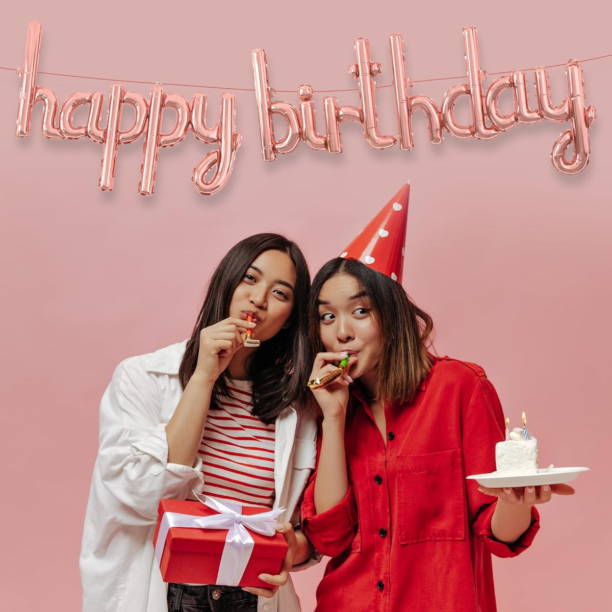 Set Baloane Aniversare Happy Birthday, Baloane Party din Folie Metalizata de Aluminiu, Umflare Aer sau Heliu, Include Pai, 45x85 cm si 45x124 cm, Roz Pal
