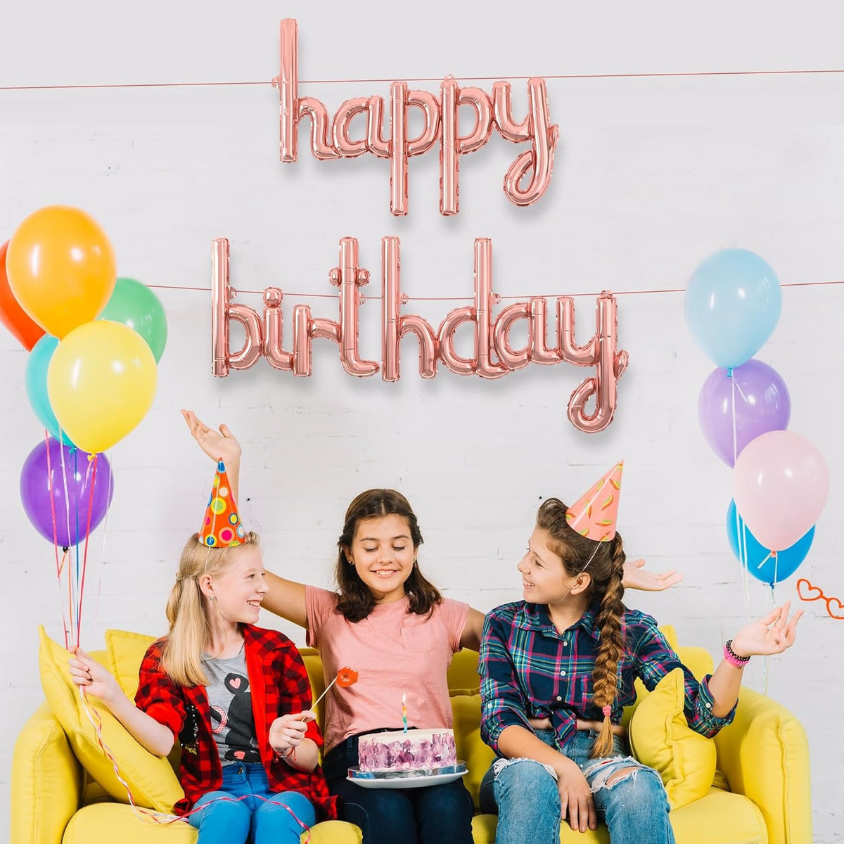Set Baloane Aniversare Happy Birthday, Baloane Party din Folie Metalizata de Aluminiu, Umflare Aer sau Heliu, Include Pai, 45x85 cm si 45x124 cm, Roz Pal