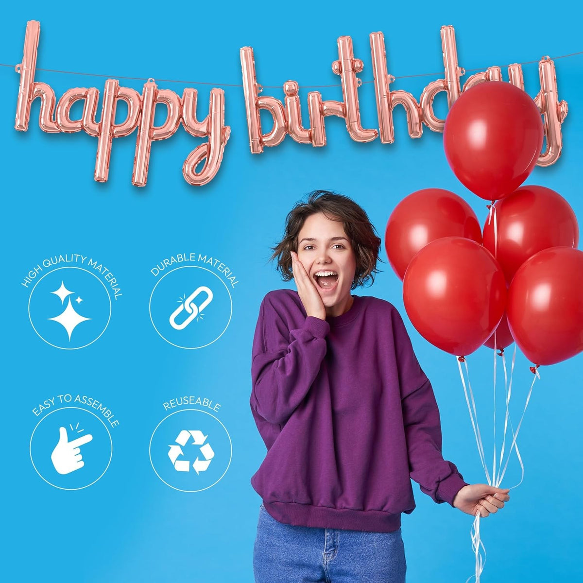Set Baloane Aniversare Happy Birthday, Baloane Party din Folie Metalizata de Aluminiu, Umflare Aer sau Heliu, Include Pai, 45x85 cm si 45x124 cm, Roz Pal