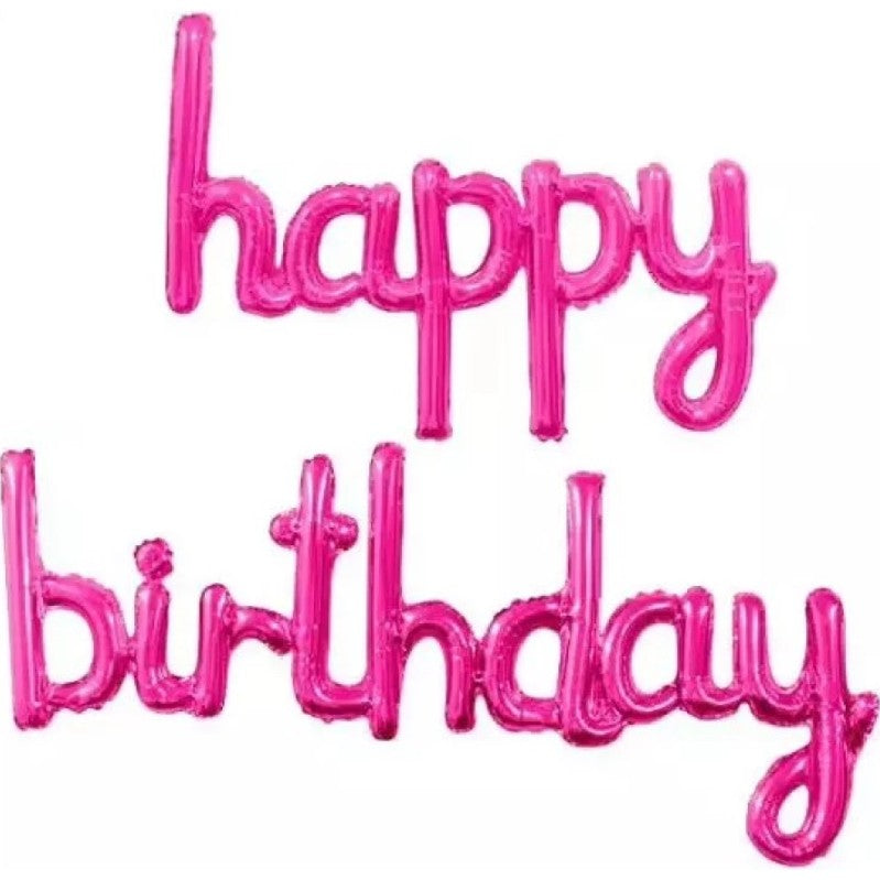 Set Baloane Party Happy Birthday, Baloane din Folie Metalizata, Umflare Aer sau Heliu, Include Pai, 45x85 cm si 45x124 cm, Roz