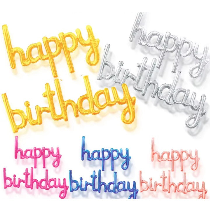Set Baloane Party Happy Birthday, Baloane din Folie Metalizata, Umflare Aer sau Heliu, Include Pai, 45x85 cm si 45x124 cm, Roz