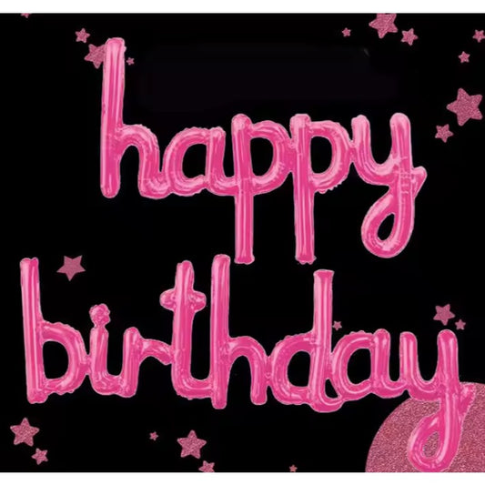 Set Baloane Party Happy Birthday, Baloane din Folie Metalizata, Umflare Aer sau Heliu, Include Pai, 45x85 cm si 45x124 cm, Roz