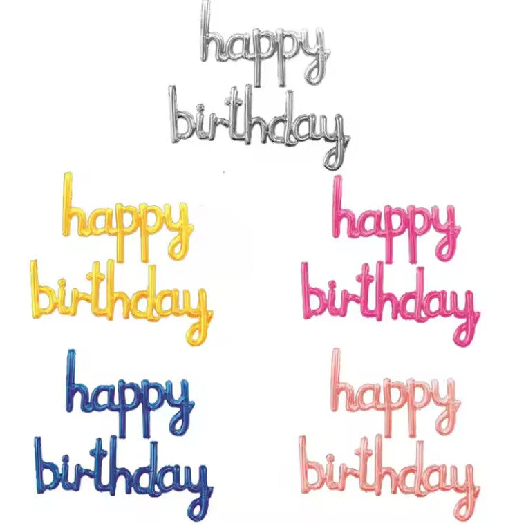 Set Baloane Party Happy Birthday, Baloane din Folie Metalizata, Umflare Aer sau Heliu, Include Pai, 45x85 cm si 45x124 cm, Roz
