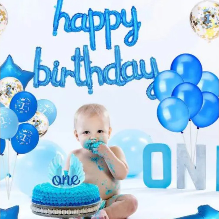Set Baloane Happy Birthday, Baloane Party Aniversare din Folie Metalizata, Umflare Aer sau Heliu, Include Pai, 2 Piese, Albastru, 45x85 cm si 45x124 cm