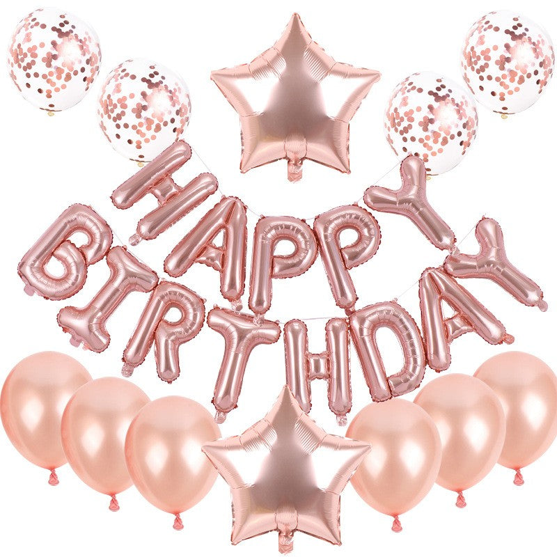 Set Baloane Aniversare Happy Birthday, Kit Decoratiuni Petrecere 25 Piese, Folie Metalizata si Latex cu Confetti, Roz, 40-60 cm