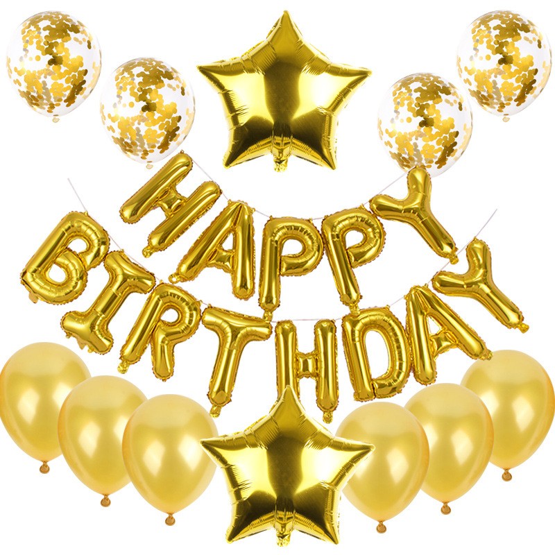 Set Baloane Happy Birthday Aniversare, Decoratiuni Petrecere din Folie Metalizata si Latex cu Confetti, 25 Piese, Auriu si Roz