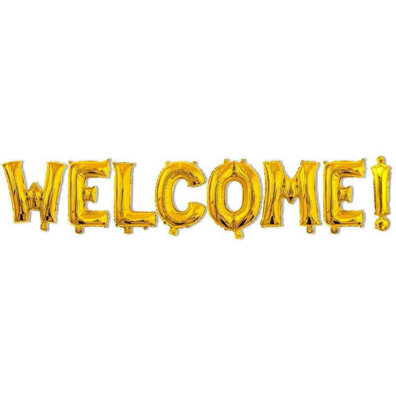 Set Baloane Litere Welcome, Baloane Party din Folie Metalizata, Umflare Aer sau Heliu, Set Party Decorativ cu Pai Inclus, Inaltime 40 cm, Auriu
