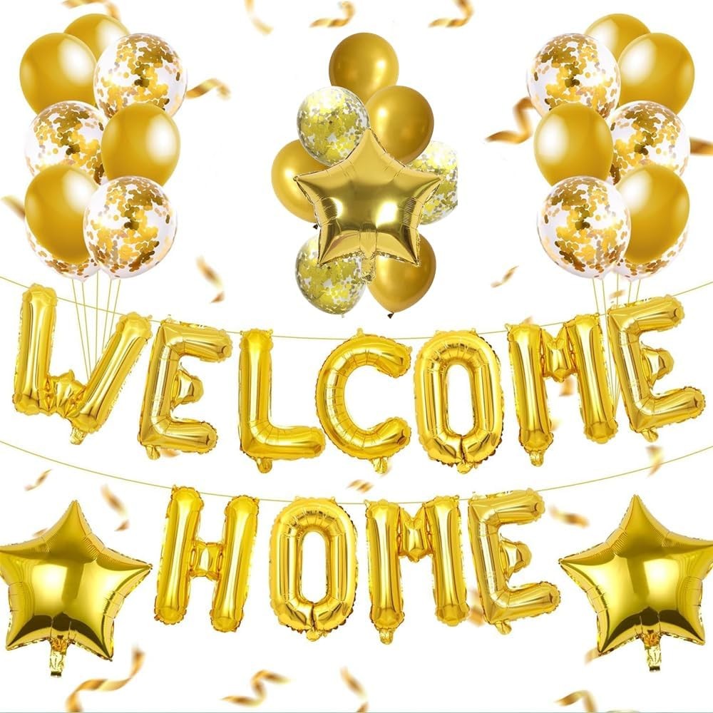 Set Baloane Litere Welcome, Baloane Party din Folie Metalizata, Umflare Aer sau Heliu, Set Party Decorativ cu Pai Inclus, Inaltime 40 cm, Auriu