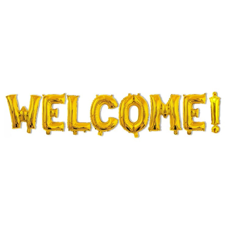 Set Baloane Litere Welcome, Baloane Party din Folie Metalizata, Umflare Aer sau Heliu, Set Party Decorativ cu Pai Inclus, Inaltime 40 cm, Auriu
