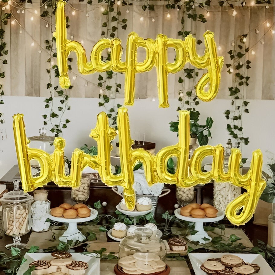 Set Baloane Aniversare Happy Birthday, Baloane Party din Folie de Aluminiu, Umflare Aer sau Heliu, Pai Inclus, 45x85 cm si 45x124 cm, Auriu