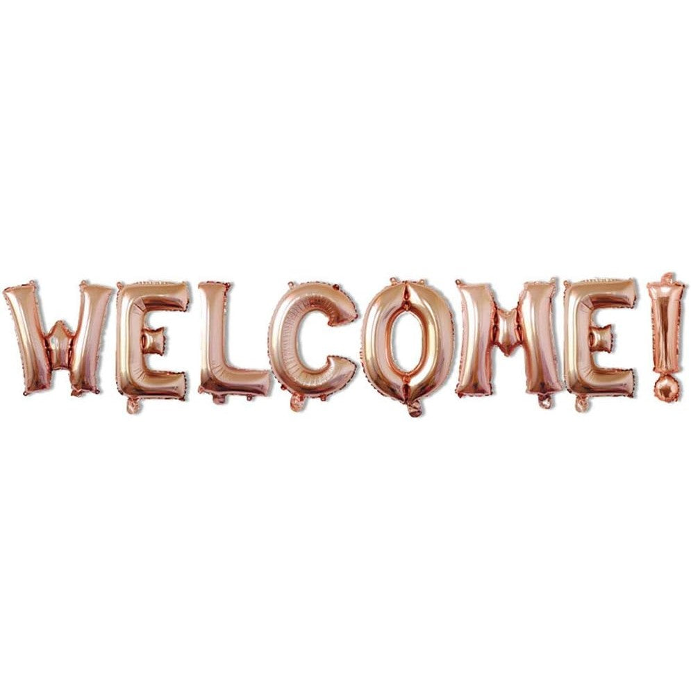 Set Baloane Litere Welcome, Baloane Party din Folie de Aluminiu, Mesaj Bun Venit, Umflare Aer sau Heliu, Inclus Pai pentru Umflare, Inălțime Litere 40 cm, Roz