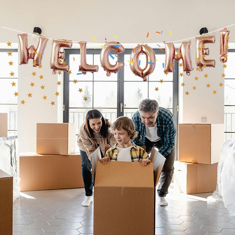 Set Baloane Litere Welcome, Baloane Party din Folie de Aluminiu, Mesaj Bun Venit, Umflare Aer sau Heliu, Inclus Pai pentru Umflare, Inălțime Litere 40 cm, Roz