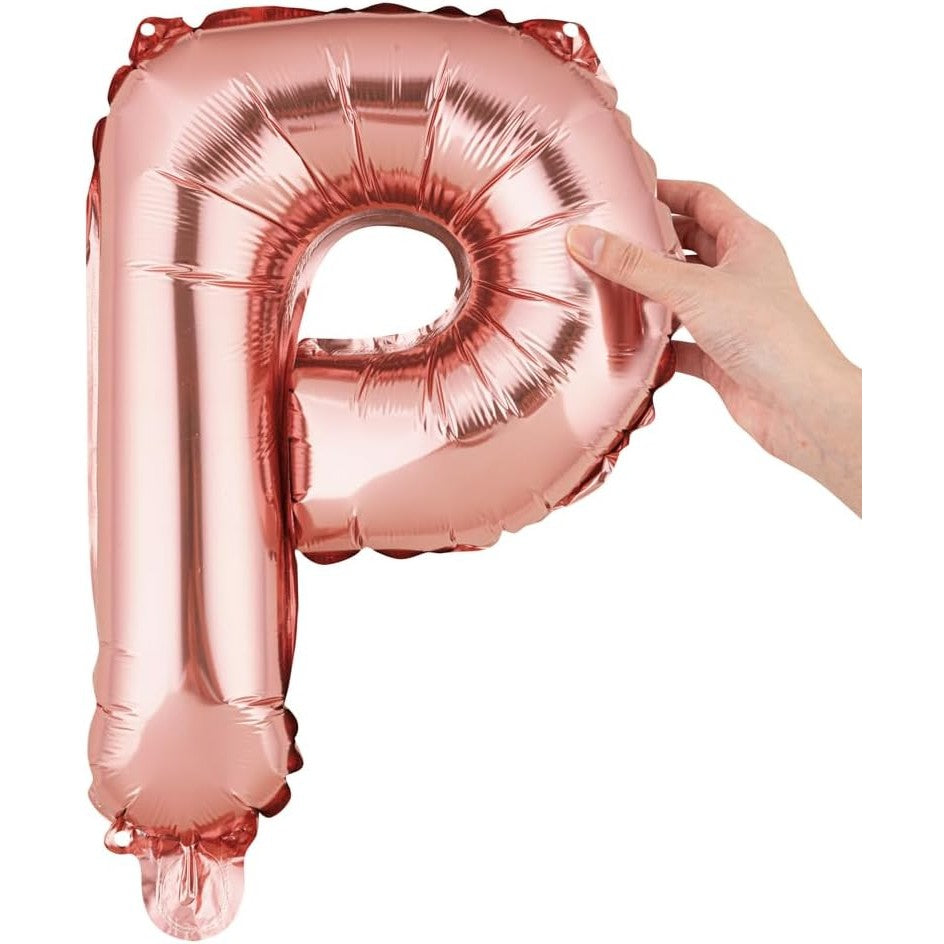 Balon Folie Metalizata Litera P, Decoratiune Petrecere, Umflare Heliu sau Aer, Include Pai Umflare, Aluminiu, 40 cm, Rose Gold
