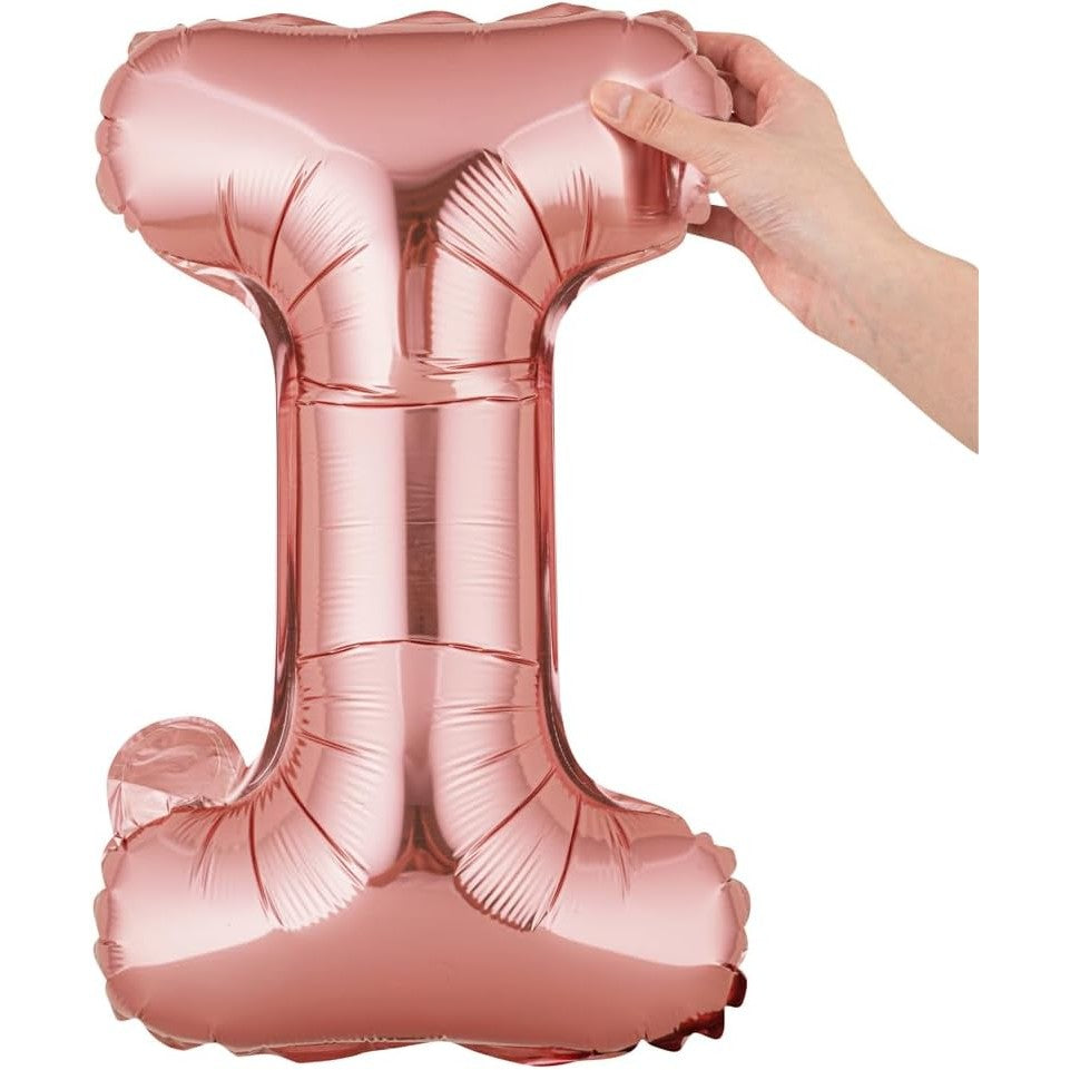 Balon Folie Metalizata Litera I, Decoratiune Petrecere Umflabila cu Heliu sau Aer, Aluminiu, Inaltime 40 cm, Pai Inclus, Rose Gold
