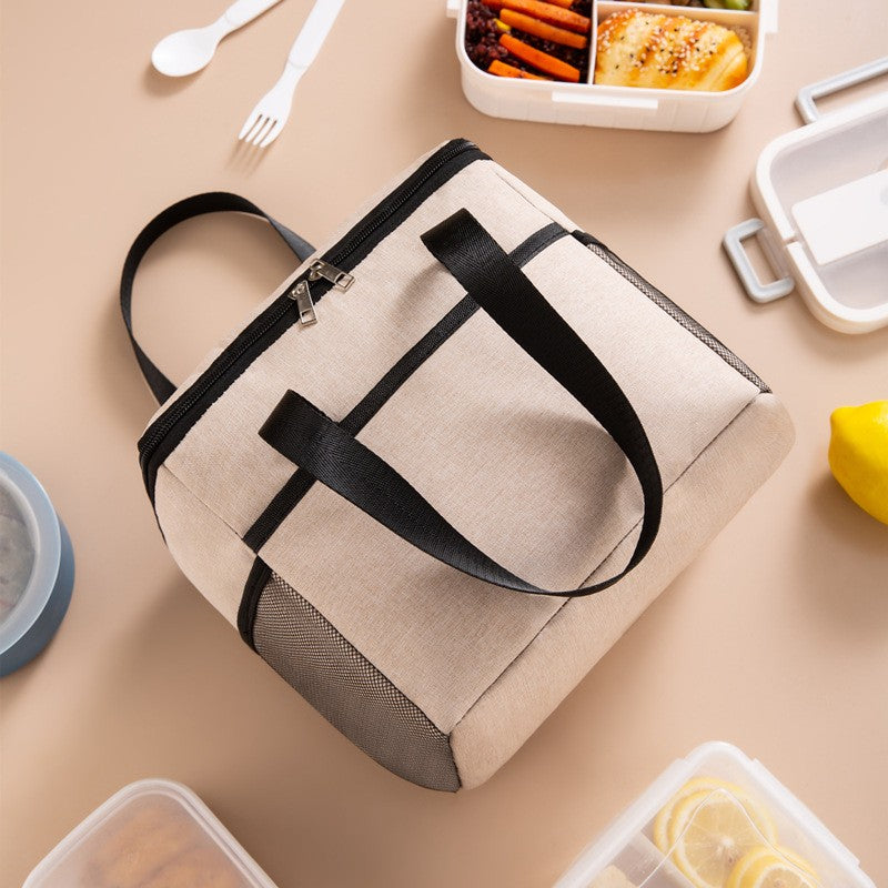 Geanta Termica pentru Pranz si Picnic, Compartiment Telefon si Tacamuri, Interior Izolat, Material Impermeabil, 24 x 18 x 21 cm, Crem
