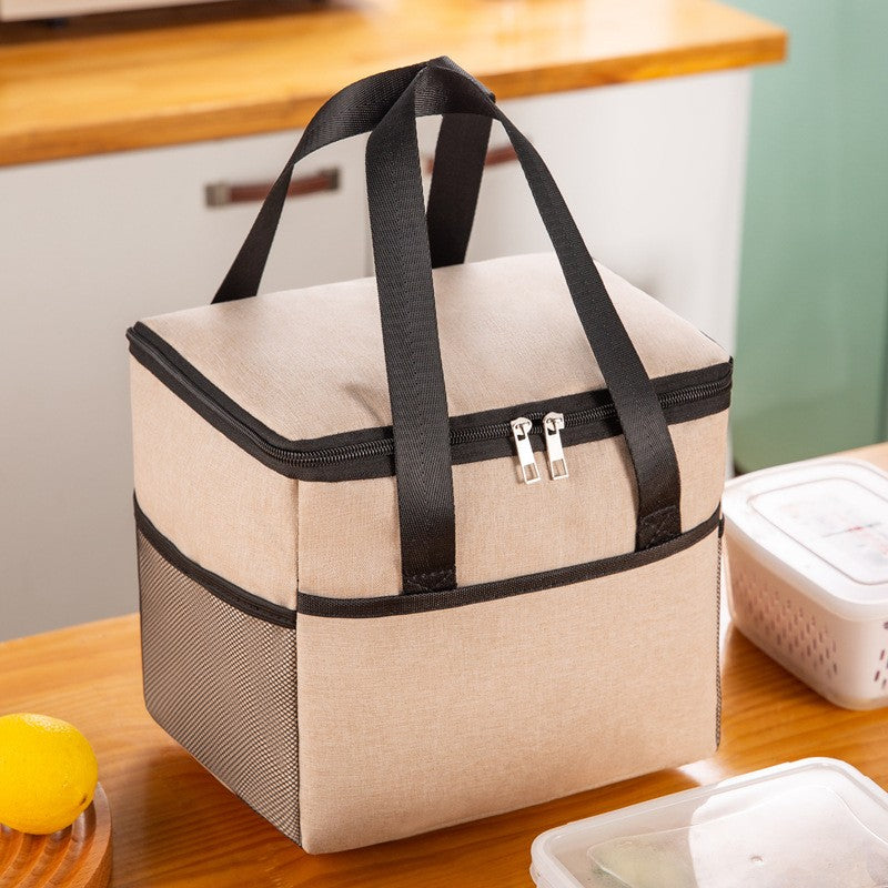 Geanta Termica pentru Pranz si Picnic, Compartiment Telefon si Tacamuri, Interior Izolat, Material Impermeabil, 24 x 18 x 21 cm, Crem