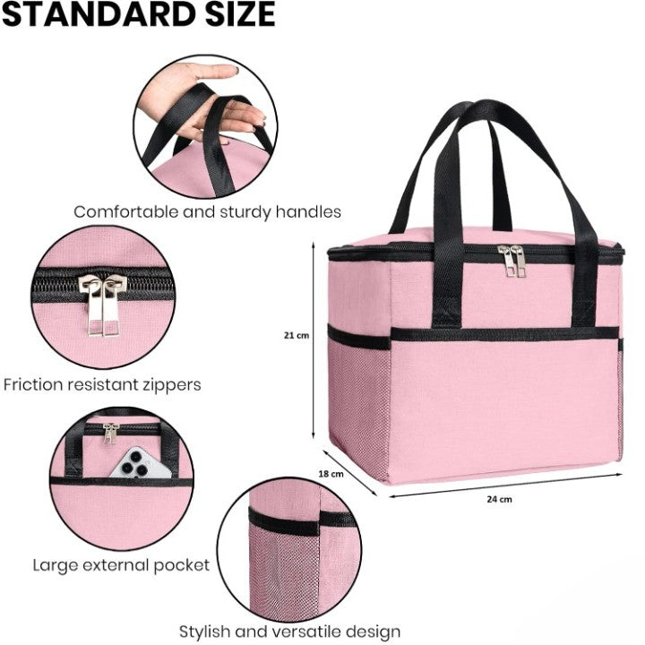 Geanta Termica pentru Pranz si Picnic, Izolatie Alimente, Buzunare pentru Telefon si Tacamuri, Material Impermeabil, 24x18x21 cm, Roz