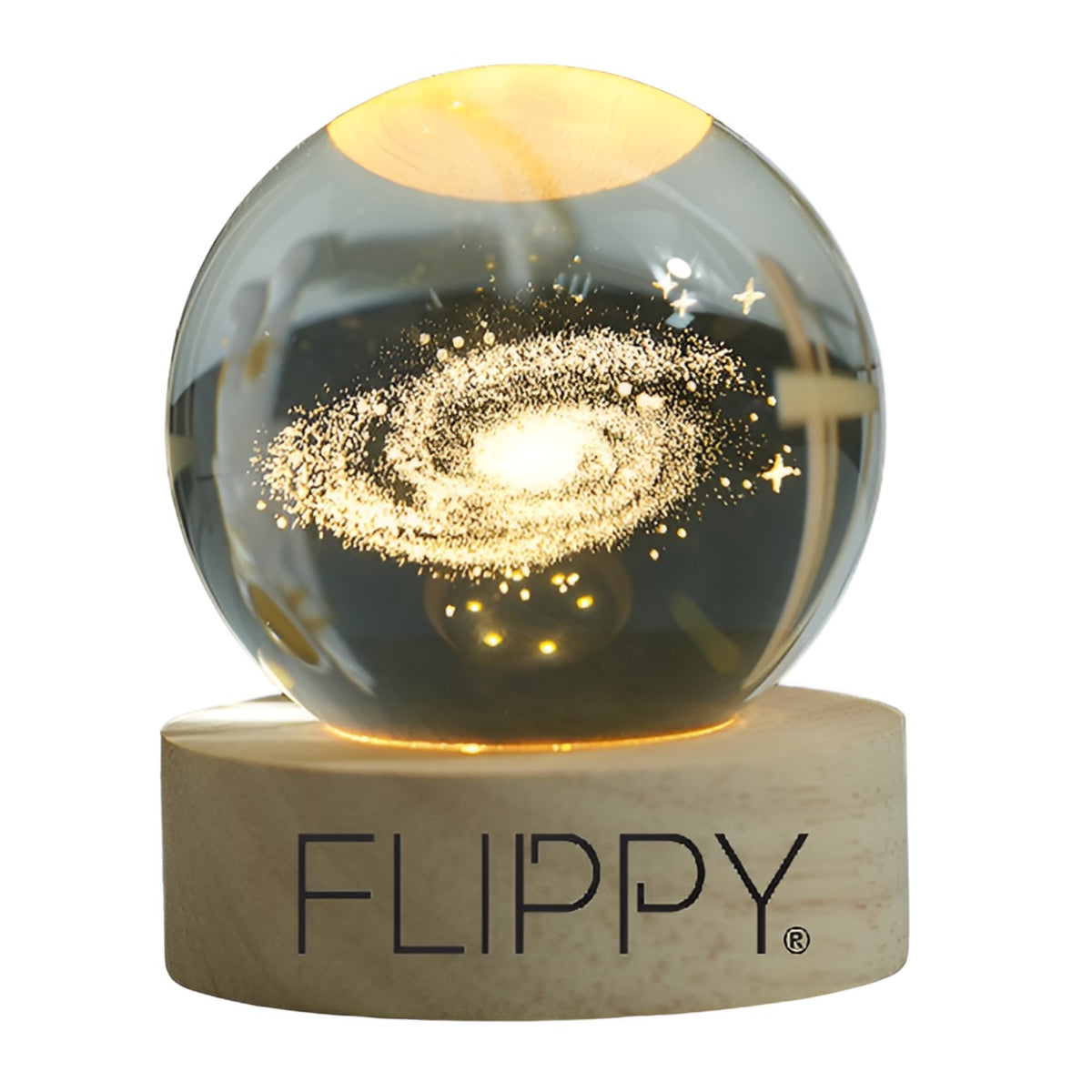 Lampa LED Decorativa cu Bila de Cristal 3D, Model Galaxie Gravat Laser, Lumina de Noapte cu Suport din Lemn, Alimentare USB, Diametru 6 cm, Alb Cald