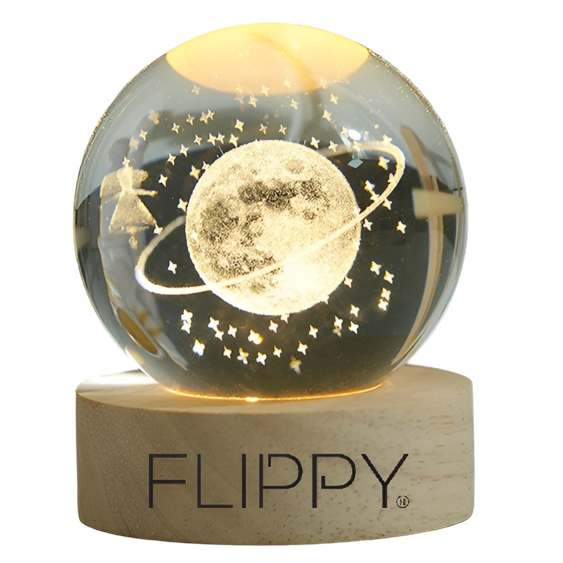 Lampa LED Decorativa, Bila de Cristal 3D cu Model Cer Instelat, Gravura Laser, Suport din Lemn, Alimentare USB, Lumina Alb Cald, Diametru 6 cm
