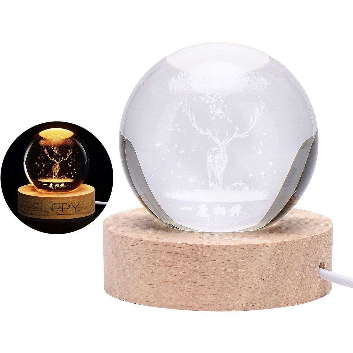 Lampa LED Decorativa, Bila Cristal 3D cu Model Cerb, Gravura Laser, Suport din Lemn, Alimentare USB, Lumina Alb Cald, 6 cm