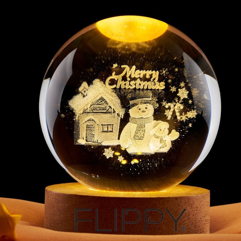 Lampă LED Decorativă Cu Bilă Din Cristal 3D, Model Merry Christmas Gravat Laser, Suport Din Lemn, Alimentare USB, Lumină Alb Cald, 6 cm
