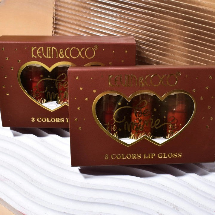 Kevin & Coco Set Rujuri de Buze Lucioase Be Mine, Luciu de Buze Rezistent la Transfer, Efect Catifelat, Formula Non-Toxică, 3 Culori, Roz-Rosu, Varianta B
