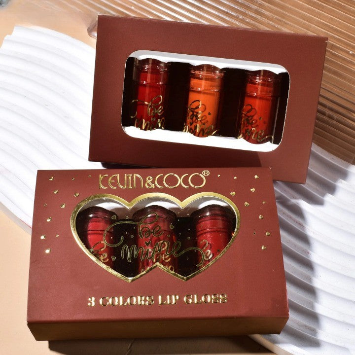 Kevin & Coco Set Rujuri de Buze Lucioase Be Mine, Luciu de Buze Rezistent la Transfer, Efect Catifelat, Formula Non-Toxică, 3 Culori, Roz-Rosu, Varianta B