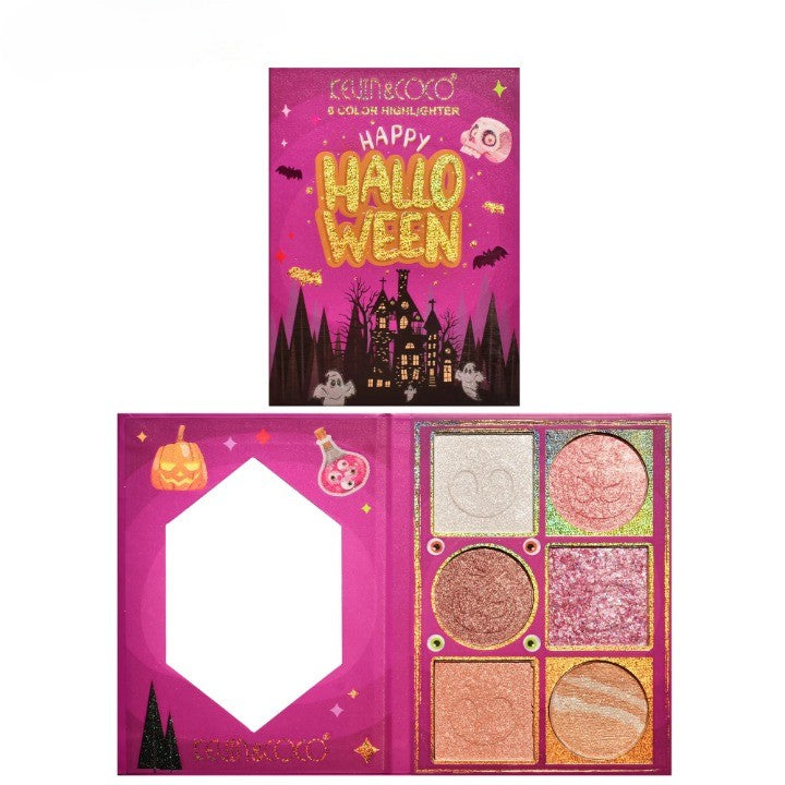 Kevin&Coco Paleta Iluminatoare Si Blush Halloween, 6 Nuante Cu Pigment Ridicat, Textura Pudra, Culori Calde, Varianta A Nude-Rose, 160g