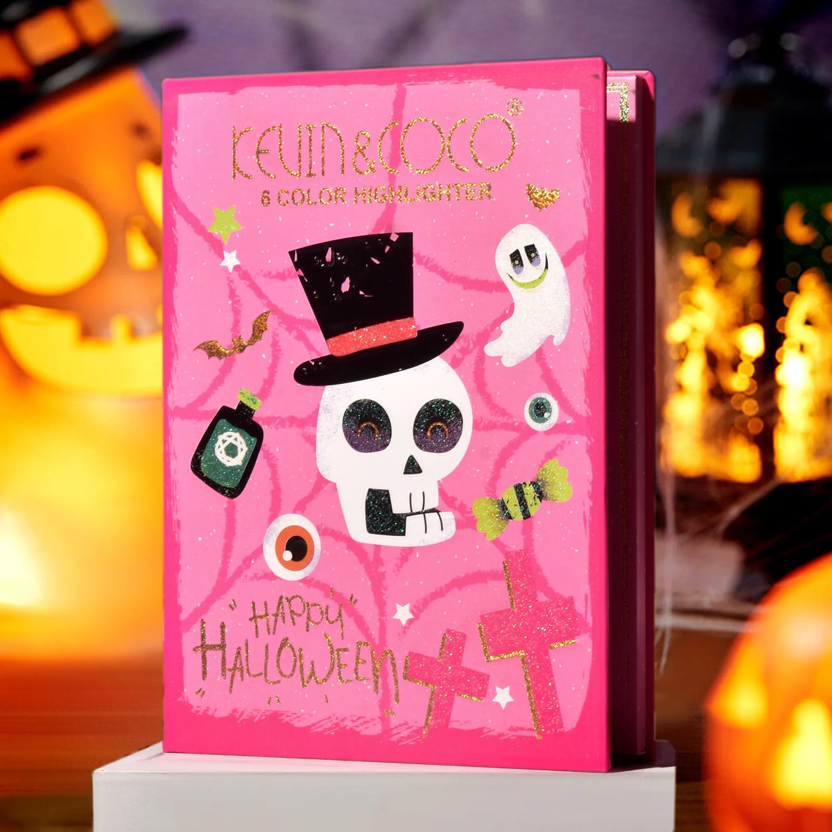 Kevin&Coco Paleta Iluminatoare si Blush, 6 Nuante cu Pigment Ridicat, Colectia Halloween, Pudra Compacta, Varianta B Nude-Rose, 160g