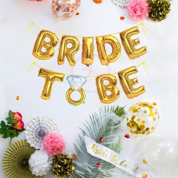 Set Baloane Bride To Be, Decoratiuni Petrecere Burlacite, Folie Metalizata cu Inel de Logodna, Umflare Aer sau Heliu, Pai Inclus, 40 cm, Auriu