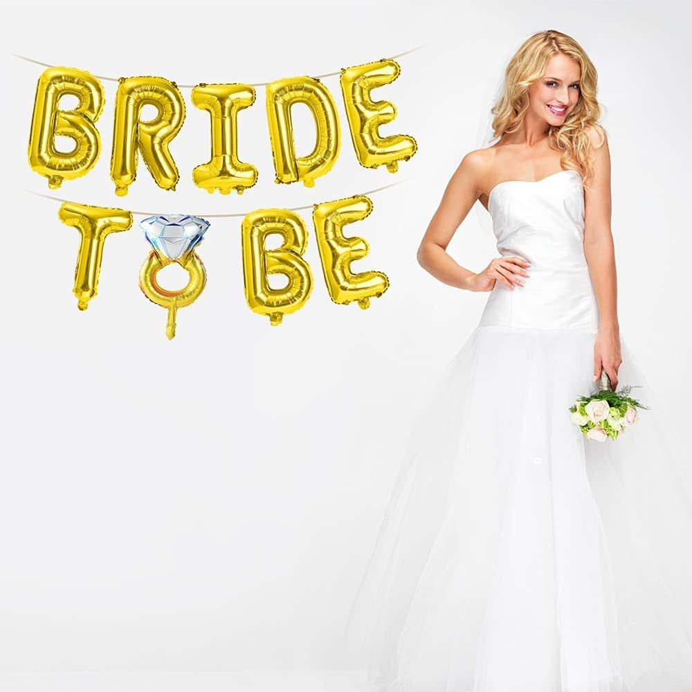Set Baloane Bride To Be, Decoratiuni Petrecere Burlacite, Folie Metalizata cu Inel de Logodna, Umflare Aer sau Heliu, Pai Inclus, 40 cm, Auriu