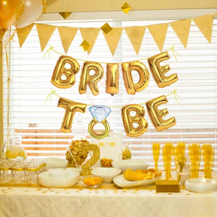 Set Baloane Bride To Be, Decoratiuni Petrecere Burlacite, Folie Metalizata cu Inel de Logodna, Umflare Aer sau Heliu, Pai Inclus, 40 cm, Auriu