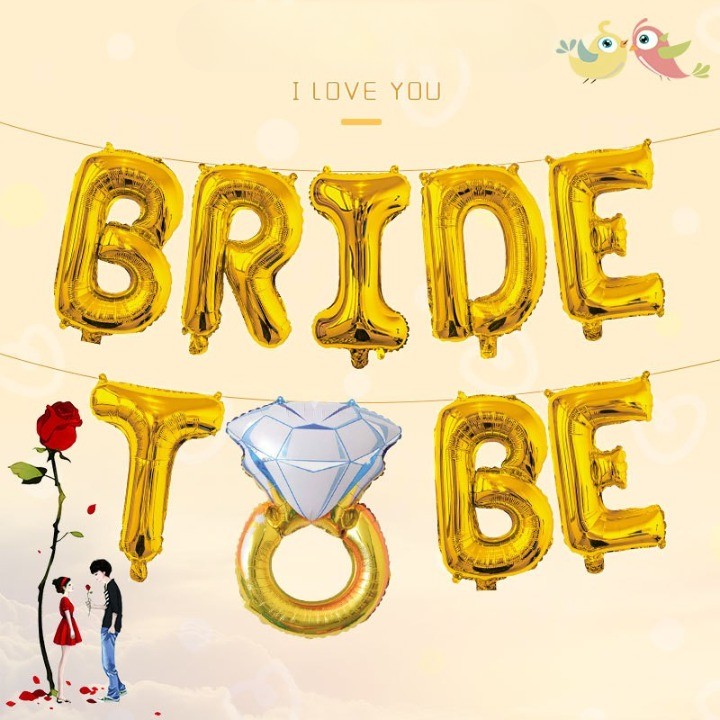 Set Baloane Bride To Be, Decoratiuni Petrecere Burlacite, Folie Metalizata cu Inel de Logodna, Umflare Aer sau Heliu, Pai Inclus, 40 cm, Auriu