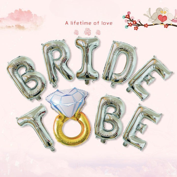 Set Baloane Bride To Be cu Inel de Logodna, Decoratiuni Petrecere Burlacite, Folie Aluminiu, Litere 40 cm, Include Pai Umflare, Argintiu
