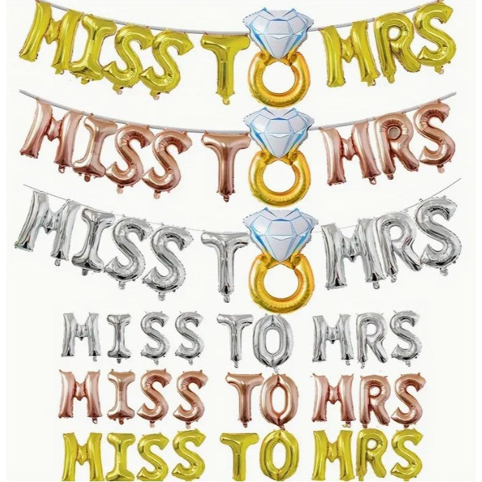 Set Baloane Miss to Mrs cu Inel de Logodna, Decoratiuni Petrecere Burlacite, Folie Aluminiu, Litere 40 cm, Umflare Aer sau Heliu, Roz, Pai Inclus