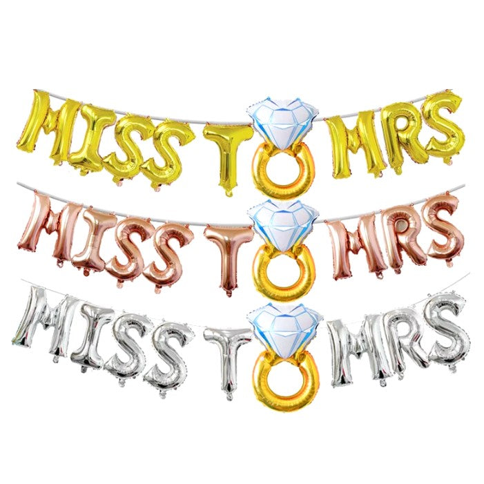 Set Baloane Miss to Mrs cu Inel de Logodna, Decoratiuni Petrecere Burlacite, Folie Aluminiu, Litere 40 cm, Umflare Aer sau Heliu, Roz, Pai Inclus