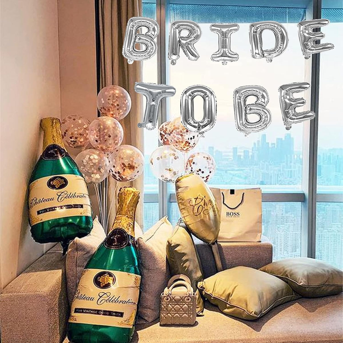 Set Baloane Bride To Be, Litere Party Din Folie Metalizata, Umflare Cu Aer Sau Heliu, Pai Inclus, Aluminiu, Inaltime 40 cm, Argintiu