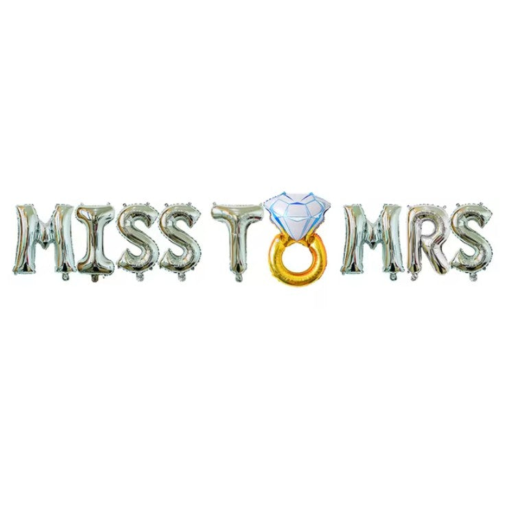 Set Baloane Miss To Mrs Cu Inel De Logodna, Baloane Litere Petrecere Burlacite, Folie Aluminiu, Umflare Aer Sau Heliu, Argintiu, 40 cm