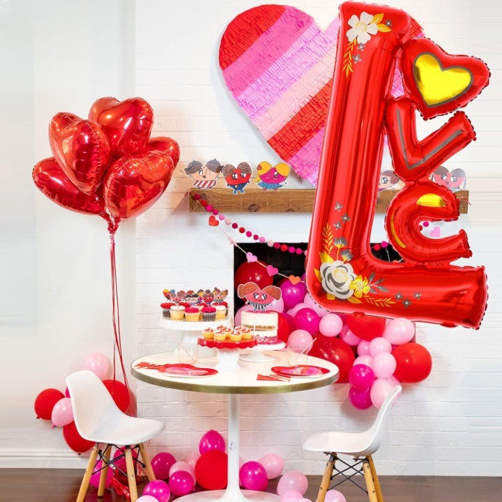 Balon din Folie Metalizata Model Love, Figurine Tematica Iubire, Umflare Aer sau Heliu, Set cu Pai Inclus, 110x64 cm, Rosu