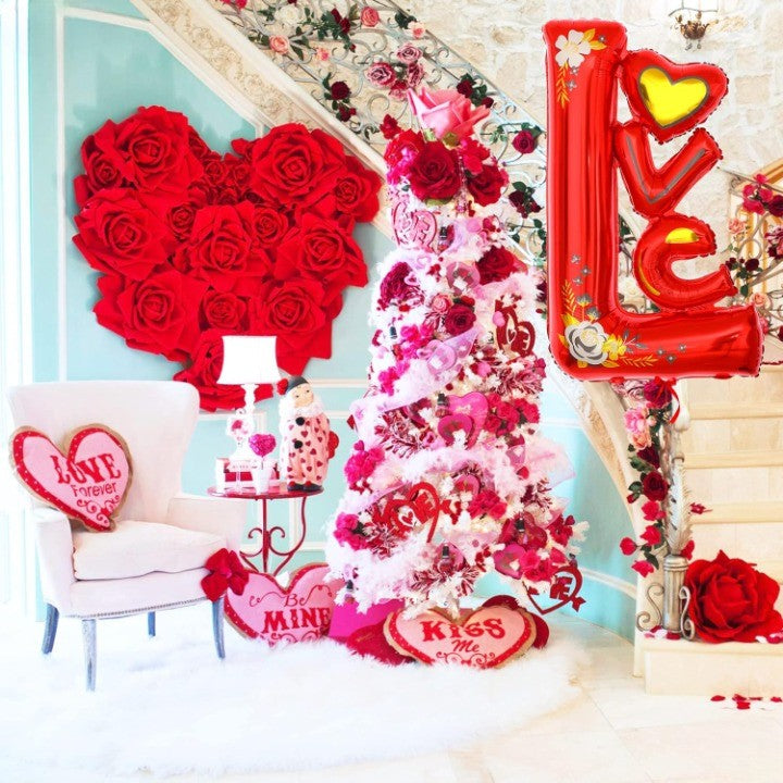 Balon din Folie Metalizata Model Love, Figurine Tematica Iubire, Umflare Aer sau Heliu, Set cu Pai Inclus, 110x64 cm, Rosu
