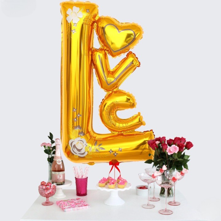 Balon din Folie Metalizata, Model Love, Figurina Tematica Iubire, Umflare Aer sau Heliu, Aluminiu, include Pai, 110x64 cm, Galben