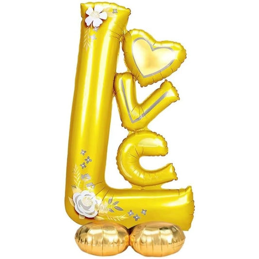 Balon din Folie Metalizata, Model Love, Figurina Tematica Iubire, Umflare Aer sau Heliu, Aluminiu, include Pai, 110x64 cm, Galben