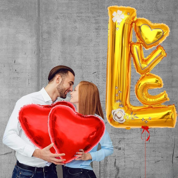 Balon din Folie Metalizata, Model Love, Figurina Tematica Iubire, Umflare Aer sau Heliu, Aluminiu, include Pai, 110x64 cm, Galben