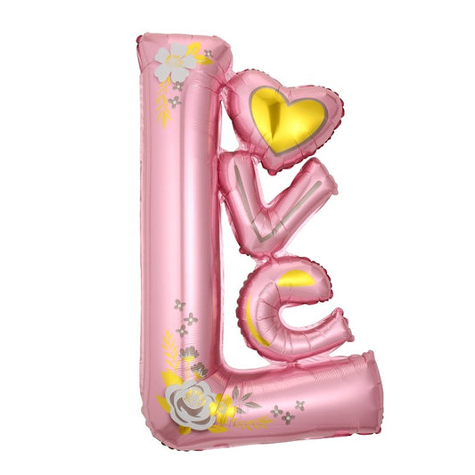 Balon din Folie Metalizata, Model LOVE, Figurine Tematica Iubire, Umflare Aer sau Heliu, Include Pai, 110x64 cm, Roz