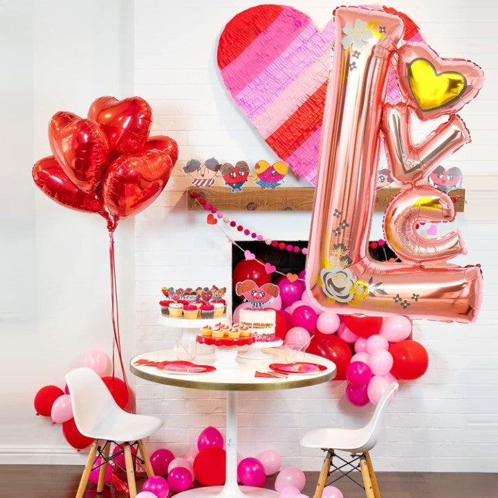 Balon din Folie Metalizata, Model LOVE, Figurine Tematica Iubire, Umflare Aer sau Heliu, Include Pai, 110x64 cm, Roz